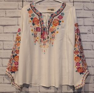 Savanna Jane Women's Size S White Multi Color Embroidered Top Long Sleeve Boho